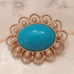 Vintage Flower Turquoise Pearls SARAH COVENTRY Gold Brooch Magic Moods